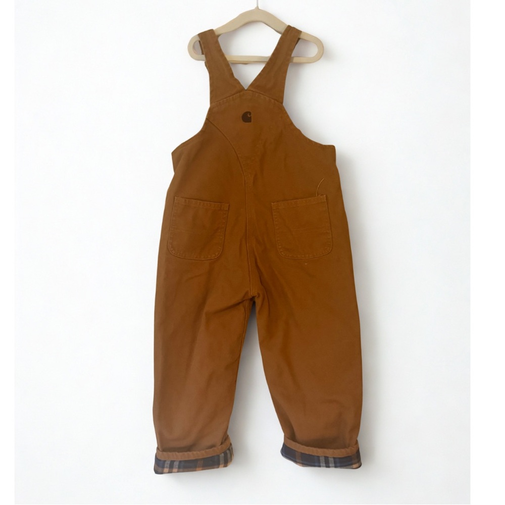 Carhartt Kids Cozy Duck Canvas Lined Overalls 4T Brown Plaid Flannel Winter Bibs - Picture 3 of 4